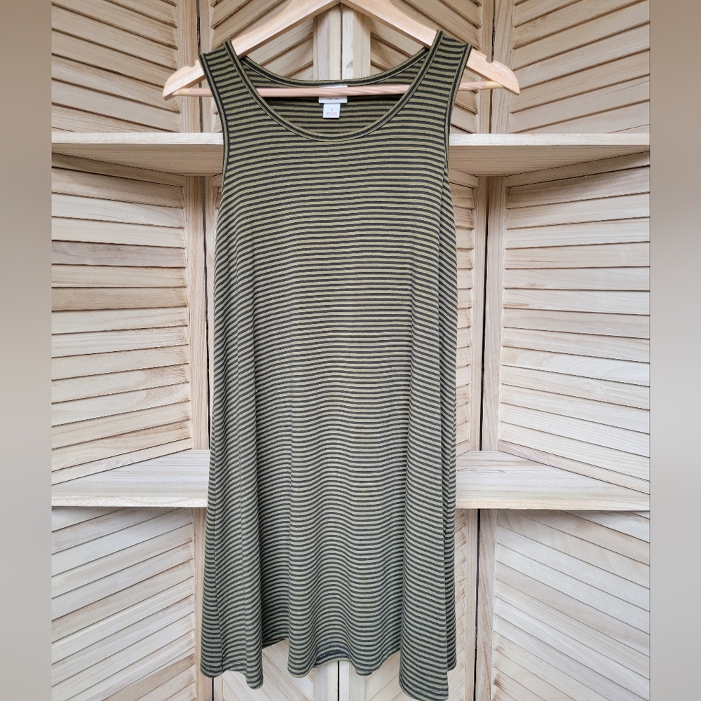 Green and dark grey striped dress.
